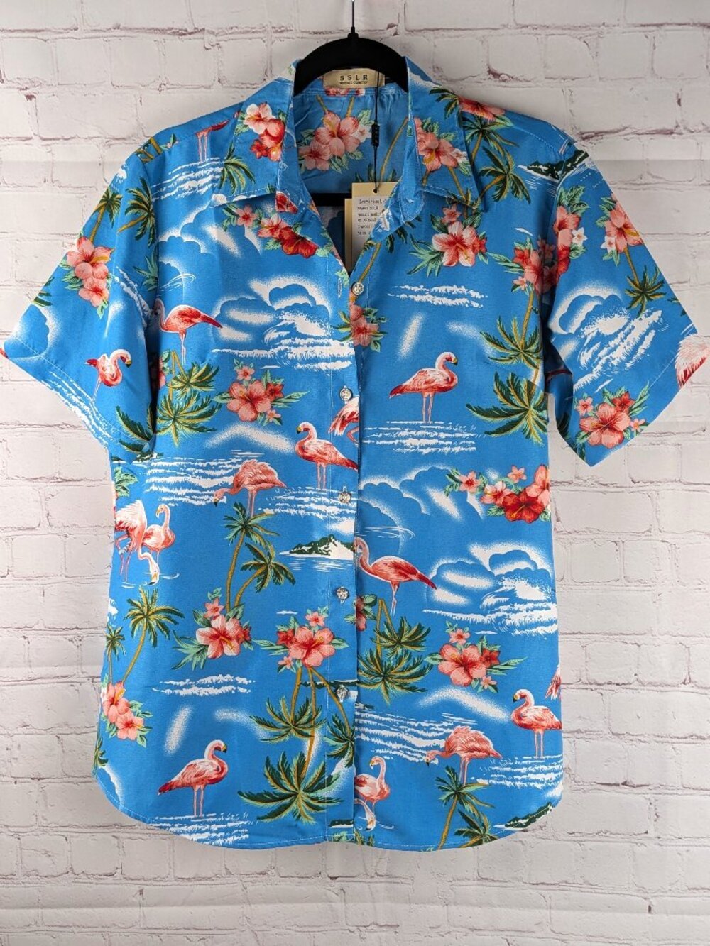 NEW SSLR Women's Pink Flamingo Hawaiian Shirt L
